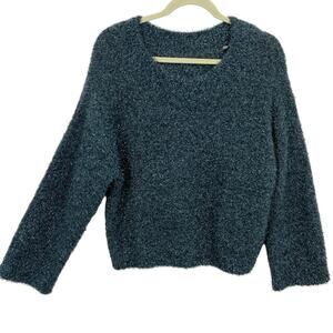 Vince Metallic Eyelash Knit Sweater Green Sparkle Crew Neck Fuzzy Women Medium
